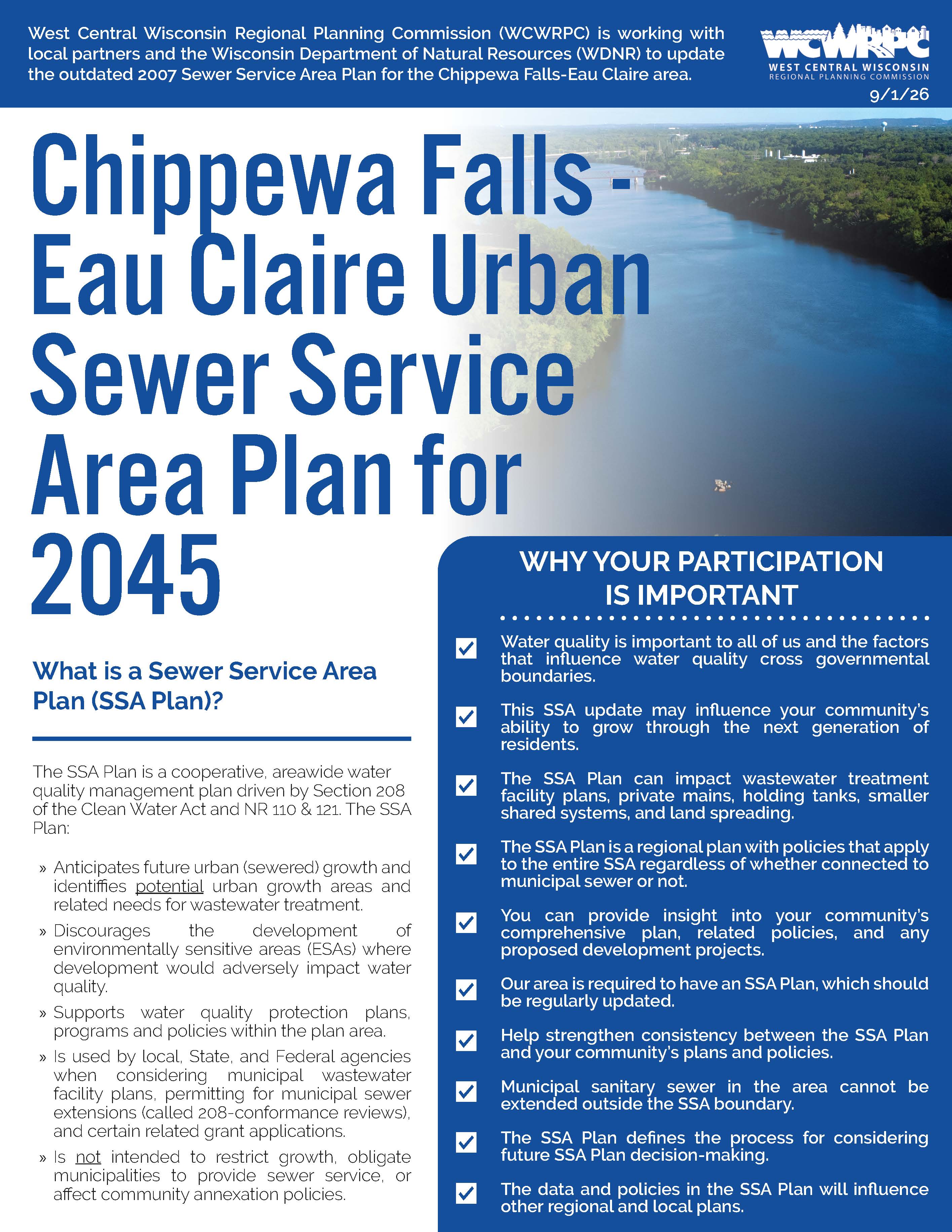 Flyer titled “Chippewa Falls–Eau Claire Urban Sewer Service Area Plan for 2045,” by WCWRPC/Wisconsin DNR, describing what an SSA Plan is and why participation matters.